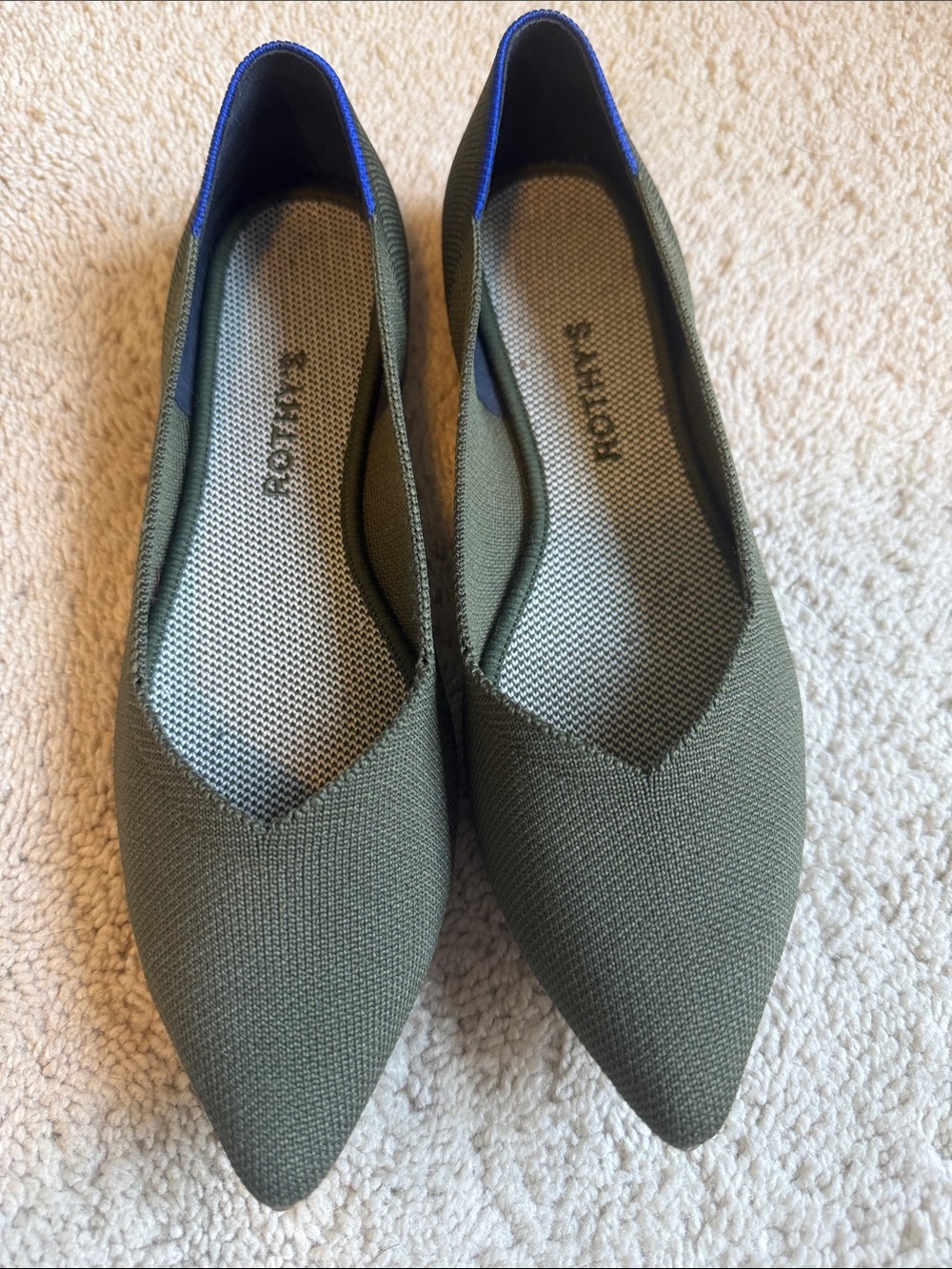 Rothy's Olive Green Pointed Knit Flats with Blue Trim